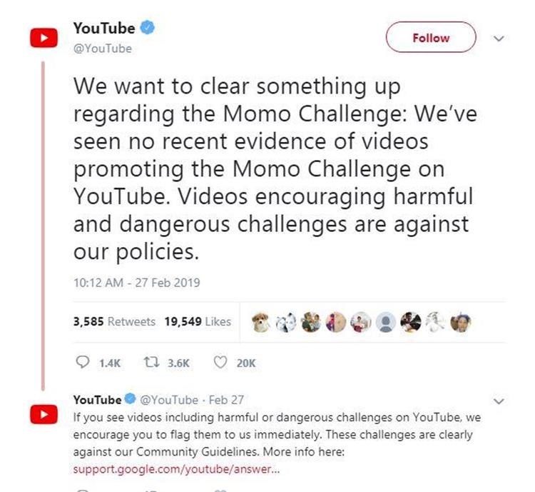 رسالة يوتيوب بشأن تحدي مومو
